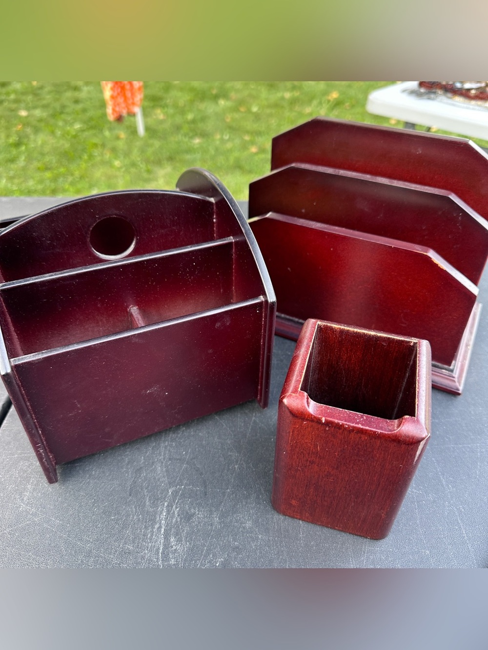 Vintage set of 3 Revolving Caddy Remote Organizer, mail holder, pen cup wooden